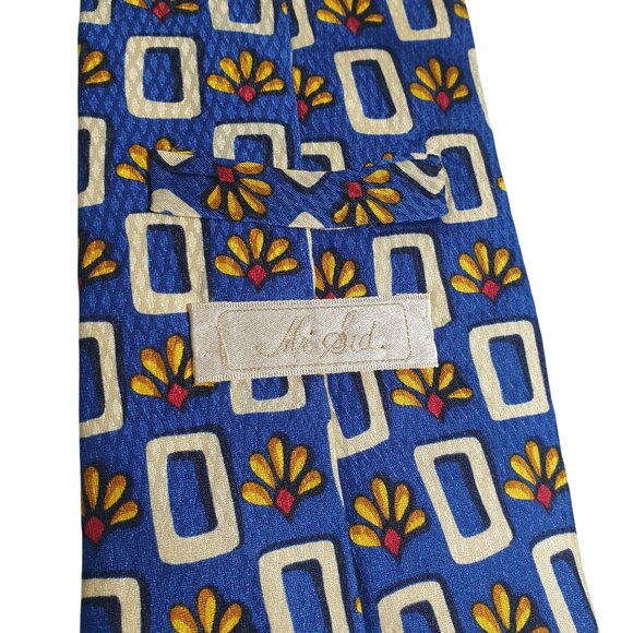 Vintage Mid Century Blue Silk Tie Retro Geometric Floral Pattern Design Mr Sid - Picture 4 of 5